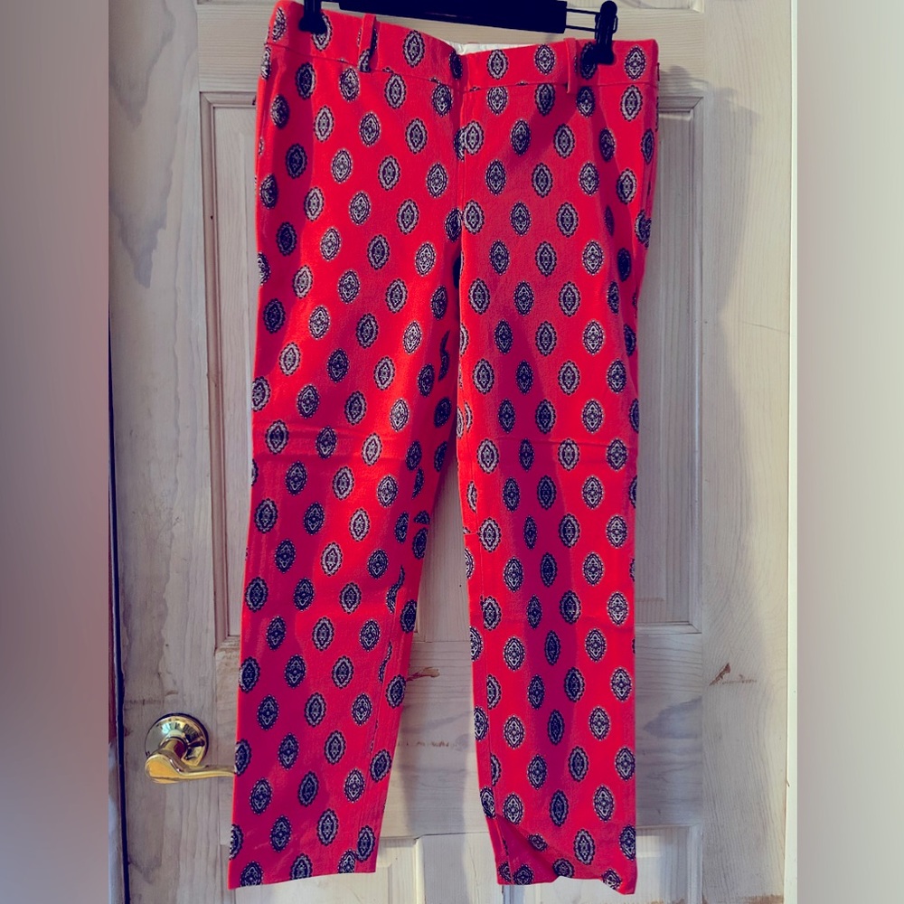 J. Crew Stretch Winnie Pant City Fit in Bright Red with Medallion Print.